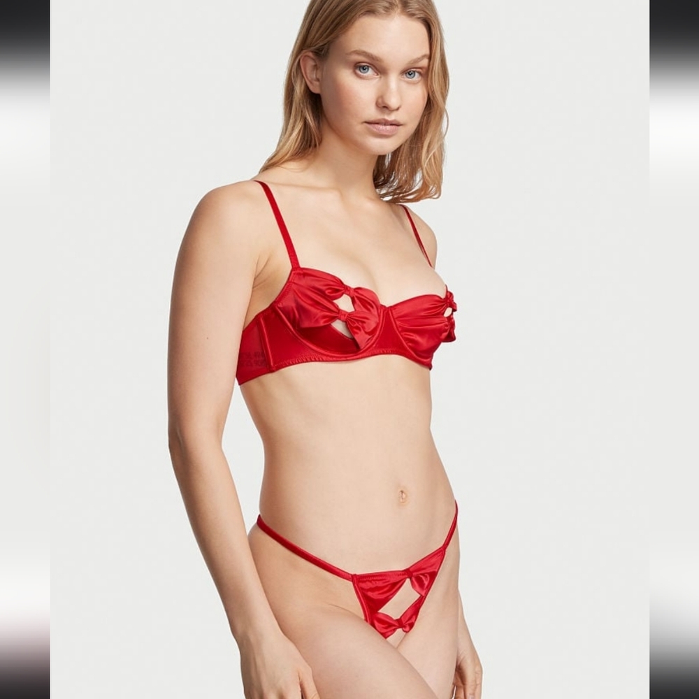 Wicked Peekaboo Cup Bow Balconette Bra and Satin Bow Crotchless V-String Panty S